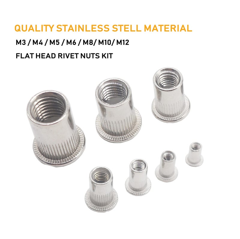 binifiMux 90pcs 304 Stainless Steel Flat Head Threaded Rivetnut Insert Nutsert Rivet Nut Assortment Kit, M3/ M4/ M5/ M6/ M8/ M10/ M12 - Image 2